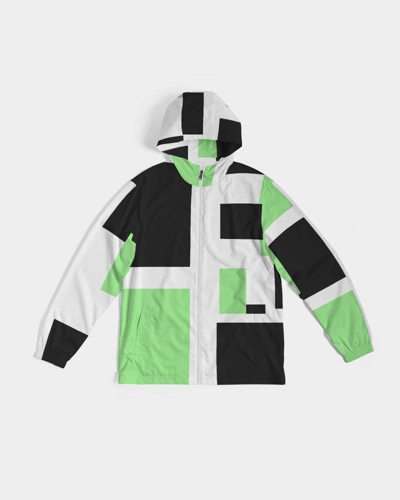 Men's Hooded Windbreaker in Green Tricolor, showcasing its lightweight and water-resistant fabric with elastic cuffs and zip pockets.