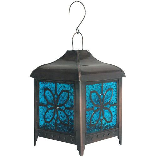 Handcrafted Metal Butterfly Lantern with Blue Glass, showcasing intricate design and eco-friendly materials.