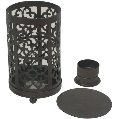 Set of two handcrafted metal candle lanterns with intricate lattice design, showcasing eco-friendly craftsmanship.