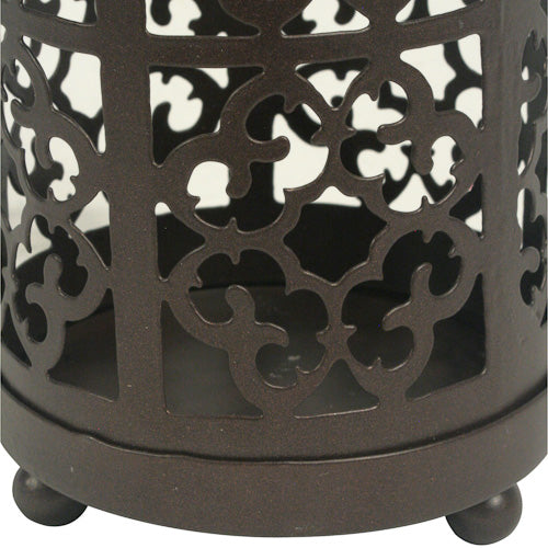 Set of two handcrafted metal candle lanterns with intricate lattice design, showcasing eco-friendly craftsmanship.