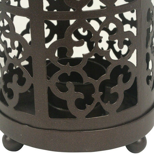 Set of two handcrafted metal candle lanterns with intricate lattice design, showcasing eco-friendly craftsmanship.