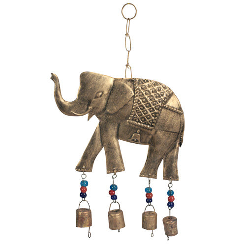 Handcrafted metal elephant chime with bells, showcasing intricate design and vibrant beads, perfect for garden decor.