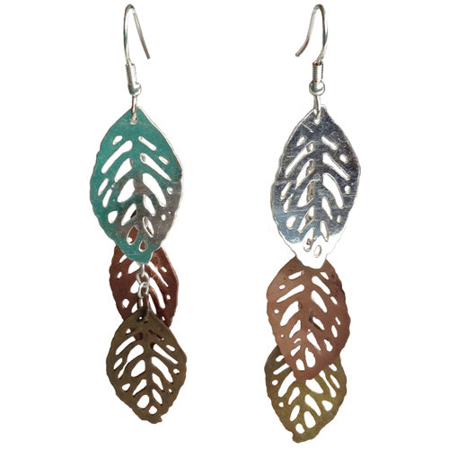 A pair of elegant Metal Leaf Earrings made from recycled silver, copper, and bronze, showcasing a unique leaf drop design.