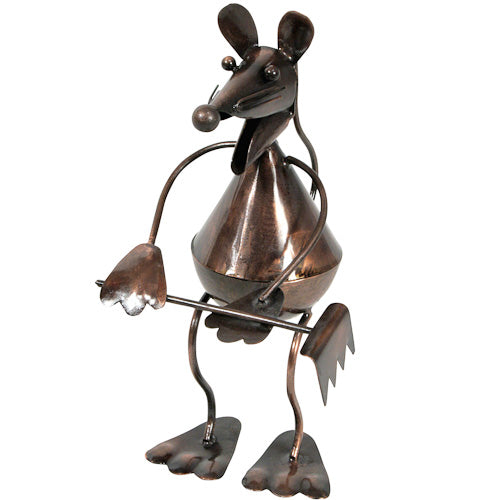 A charming metal mouse sculpture holding a rake, handmade from recycled materials, perfect for home or garden decoration.