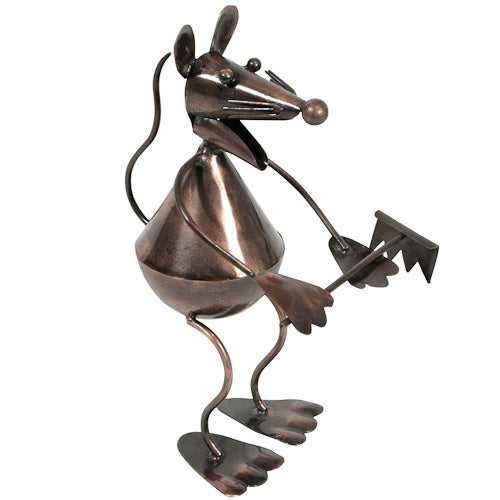 A charming metal mouse sculpture holding a rake, handmade from recycled materials, perfect for home or garden decoration.