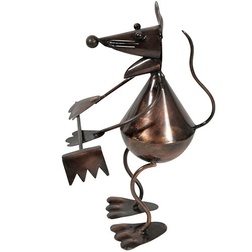 A charming metal mouse sculpture holding a rake, handmade from recycled materials, perfect for home or garden decoration.