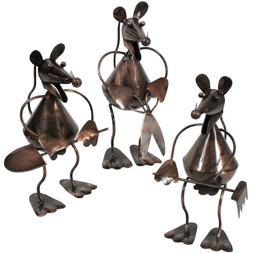 A charming metal mouse sculpture holding a rake, handmade from recycled materials, perfect for home or garden decoration.