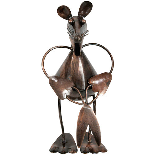 A whimsical metal mouse sculpture holding scissors, handcrafted from recycled materials, showcasing intricate details and a charming design.