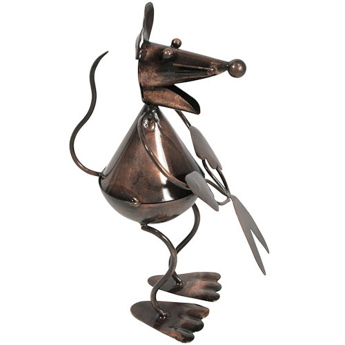 A whimsical metal mouse sculpture holding scissors, handcrafted from recycled materials, showcasing intricate details and a charming design.