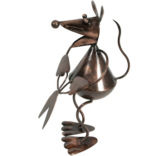 A whimsical metal mouse sculpture holding scissors, handcrafted from recycled materials, showcasing intricate details and a charming design.