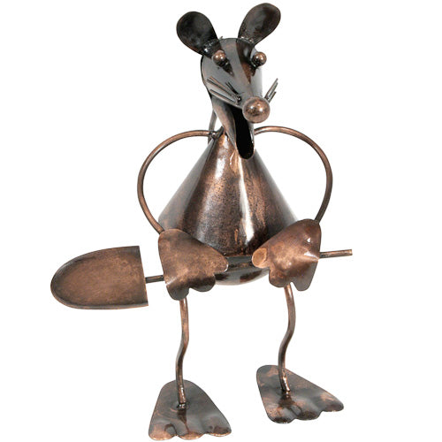 A charming metal mouse sculpture holding a shovel, handmade from recycled materials, perfect for home or garden decor.