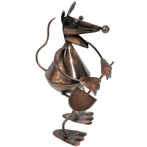 A charming metal mouse sculpture holding a shovel, handmade from recycled materials, perfect for home or garden decor.