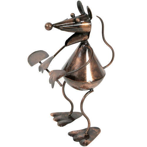 A charming metal mouse sculpture holding a shovel, handmade from recycled materials, perfect for home or garden decor.