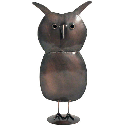 Handcrafted Metal Owl Sculpture made from recycled scrap metal, showcasing intricate details and artistic design.