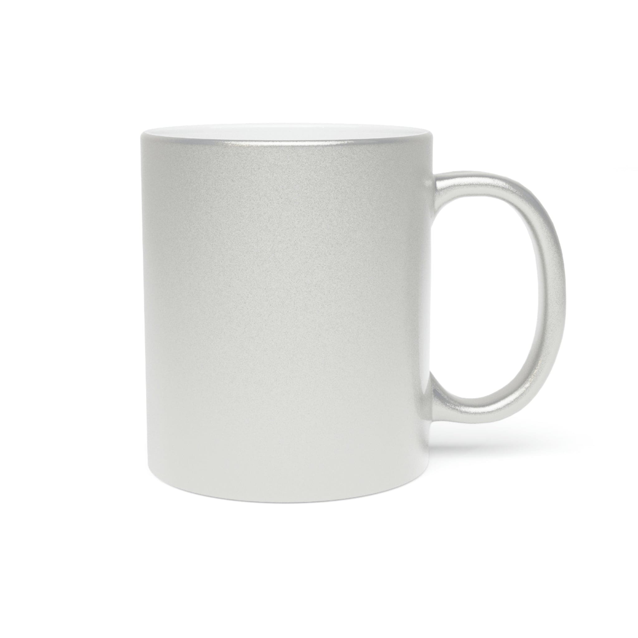 A stylish 11oz metallic mug with a gold or silver finish, featuring a comfortable C-handle and black printed designs.