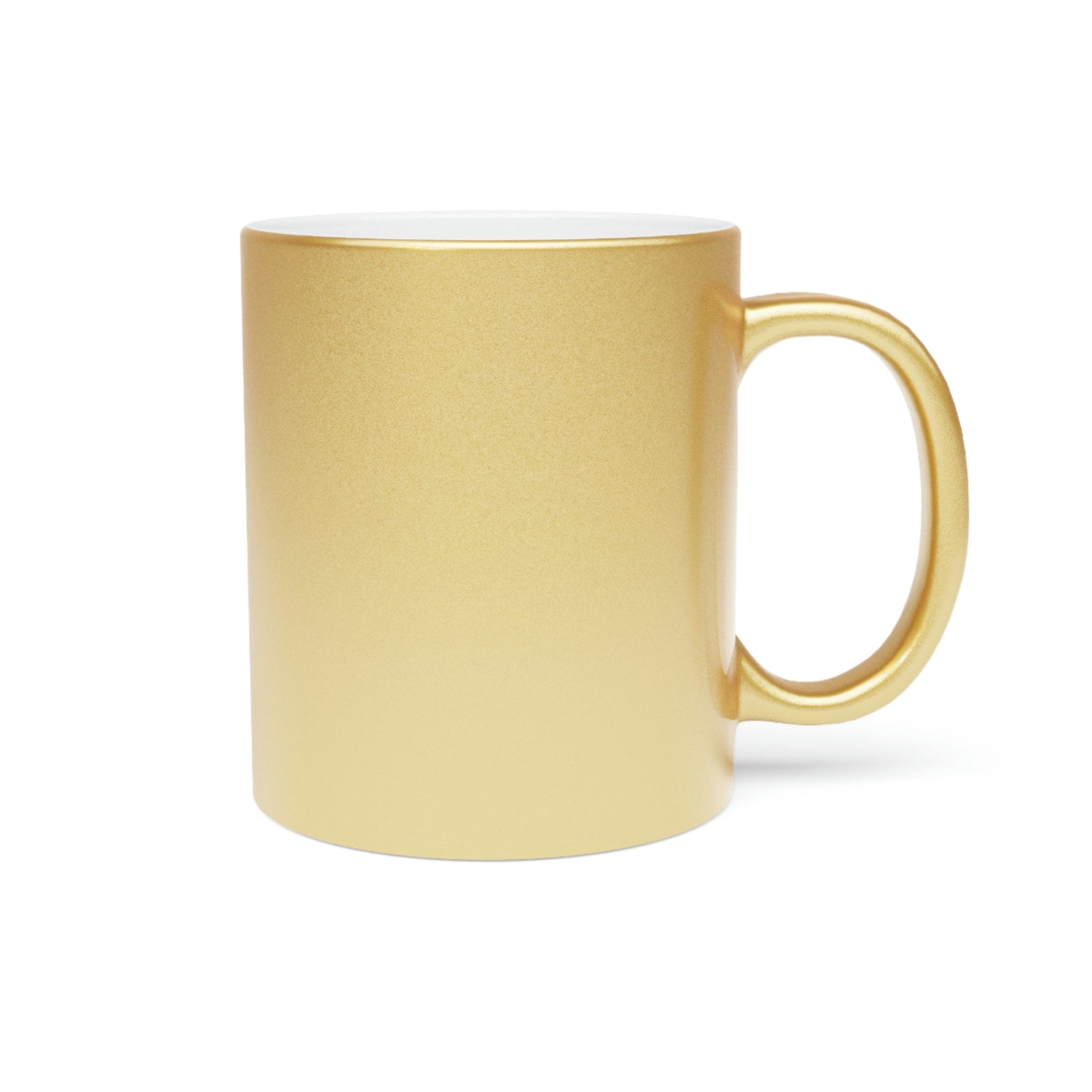 A stylish 11oz metallic mug with a gold or silver finish, featuring a comfortable C-handle and black printed designs.