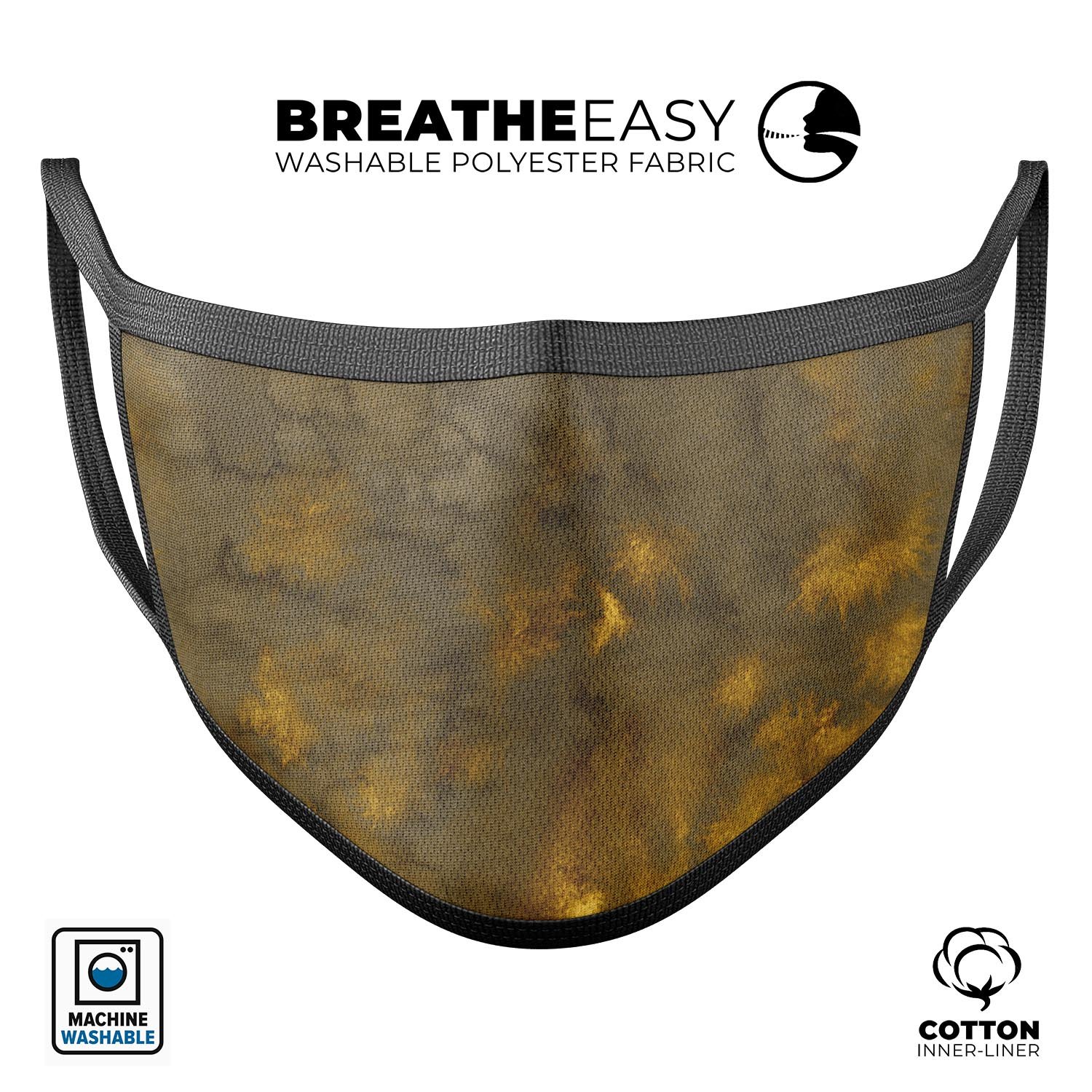 Micro Dark Gold Stained unisex mouth cover, made in the USA, featuring adjustable ear loops and a comfortable cotton interior.