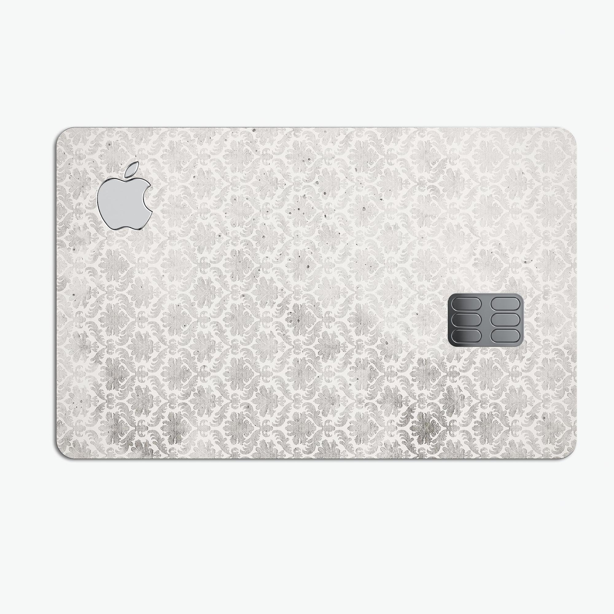 Micro Faded Black and White Damask Pattern decal for Apple Card, showcasing intricate design and premium quality.