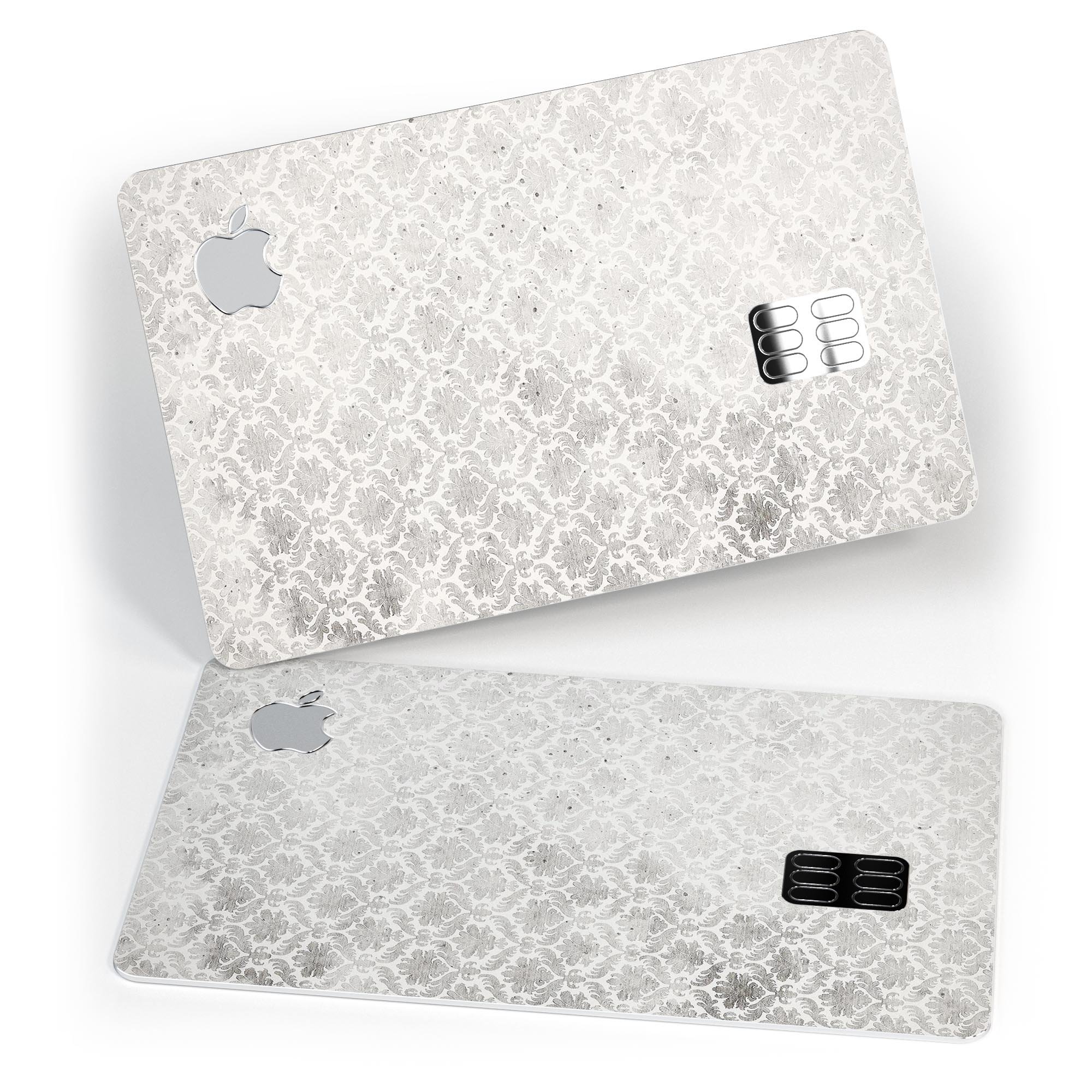 Micro Faded Black and White Damask Pattern decal for Apple Card, showcasing intricate design and premium quality.