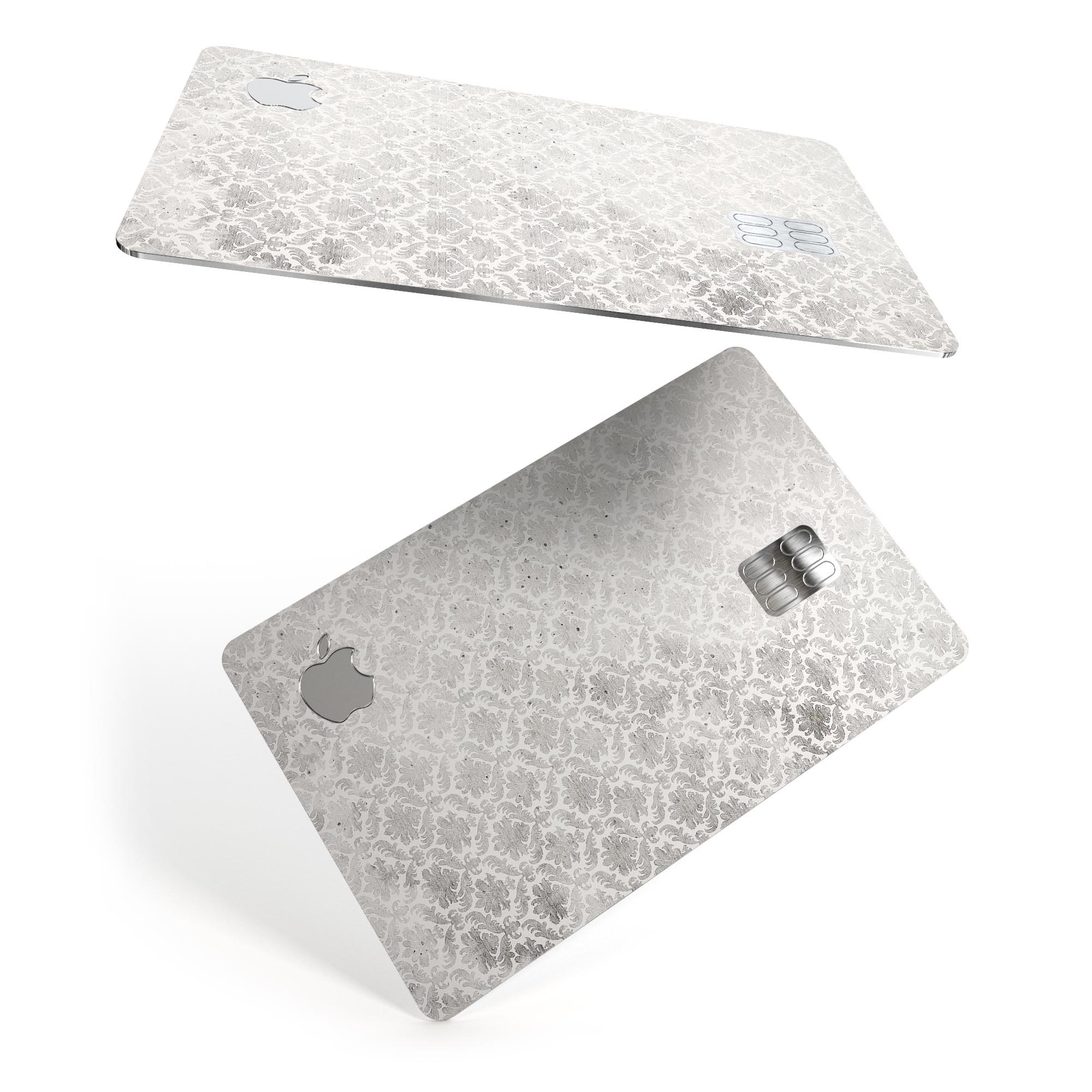 Micro Faded Black and White Damask Pattern decal for Apple Card, showcasing intricate design and premium quality.