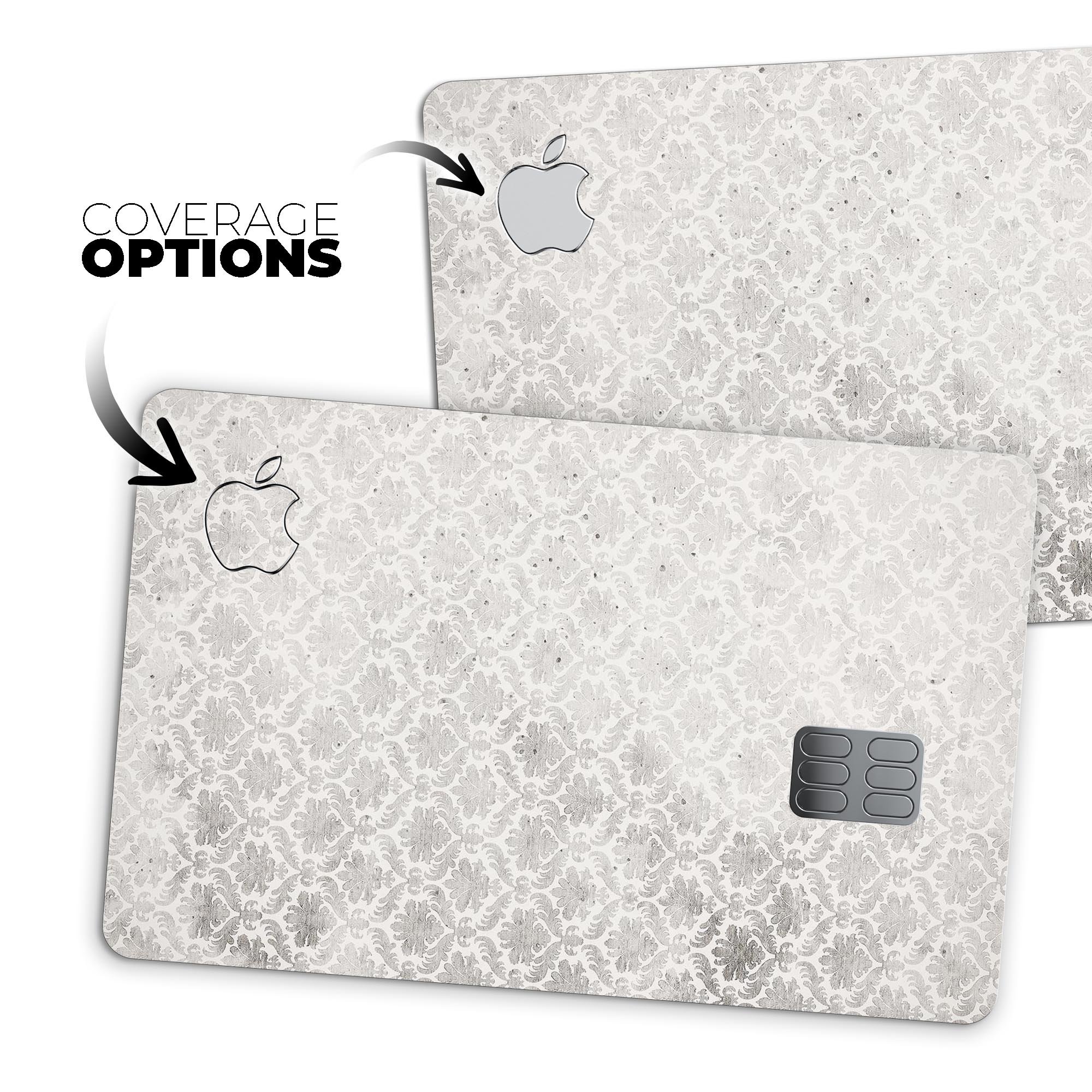 Micro Faded Black and White Damask Pattern decal for Apple Card, showcasing intricate design and premium quality.