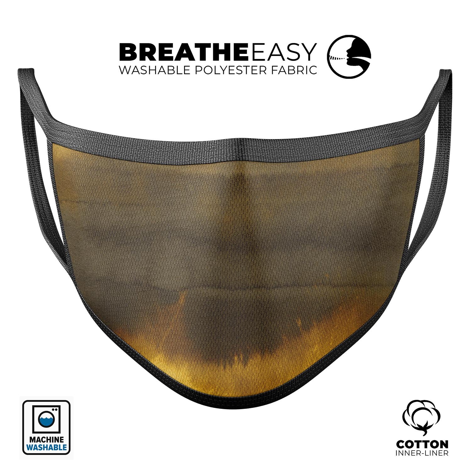 Micro Golden Covers unisex anti-dust cotton mouth cover, showcasing adjustable ear-loops and vibrant dye-sublimated design.