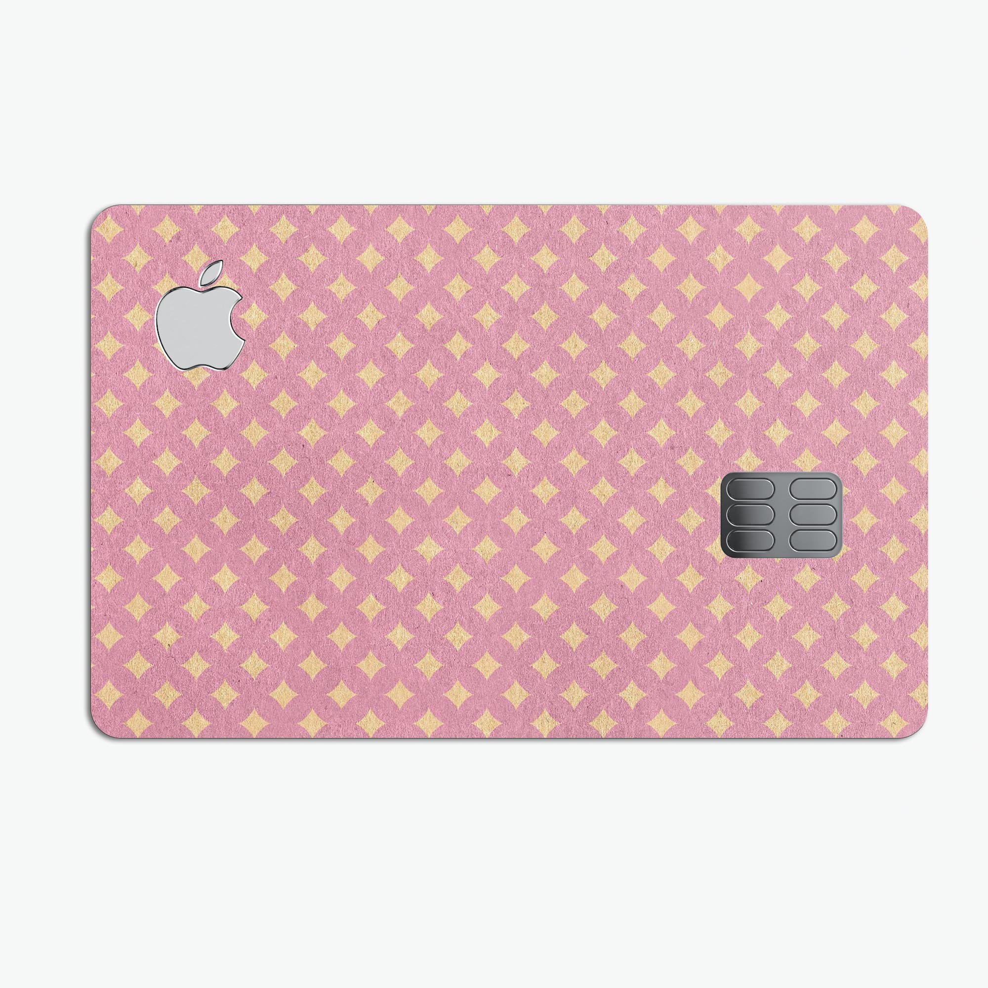 Micro Golden Diamonds skin kit for Apple Card, featuring a pink background and premium vinyl material for protection.