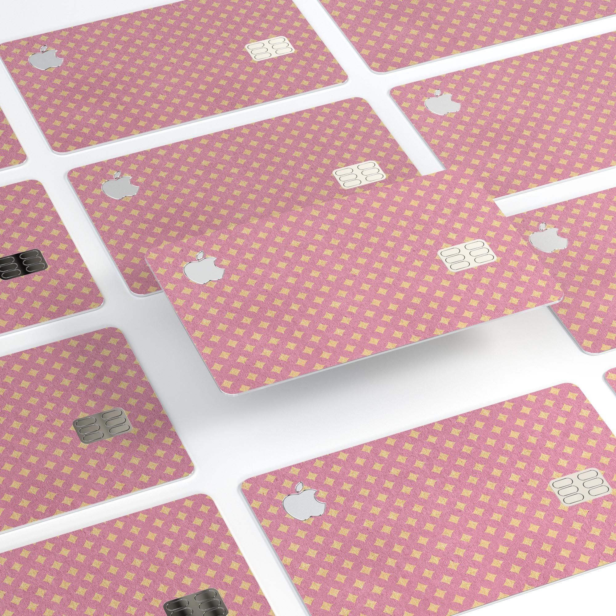 Micro Golden Diamonds skin kit for Apple Card, featuring a pink background and premium vinyl material for protection.