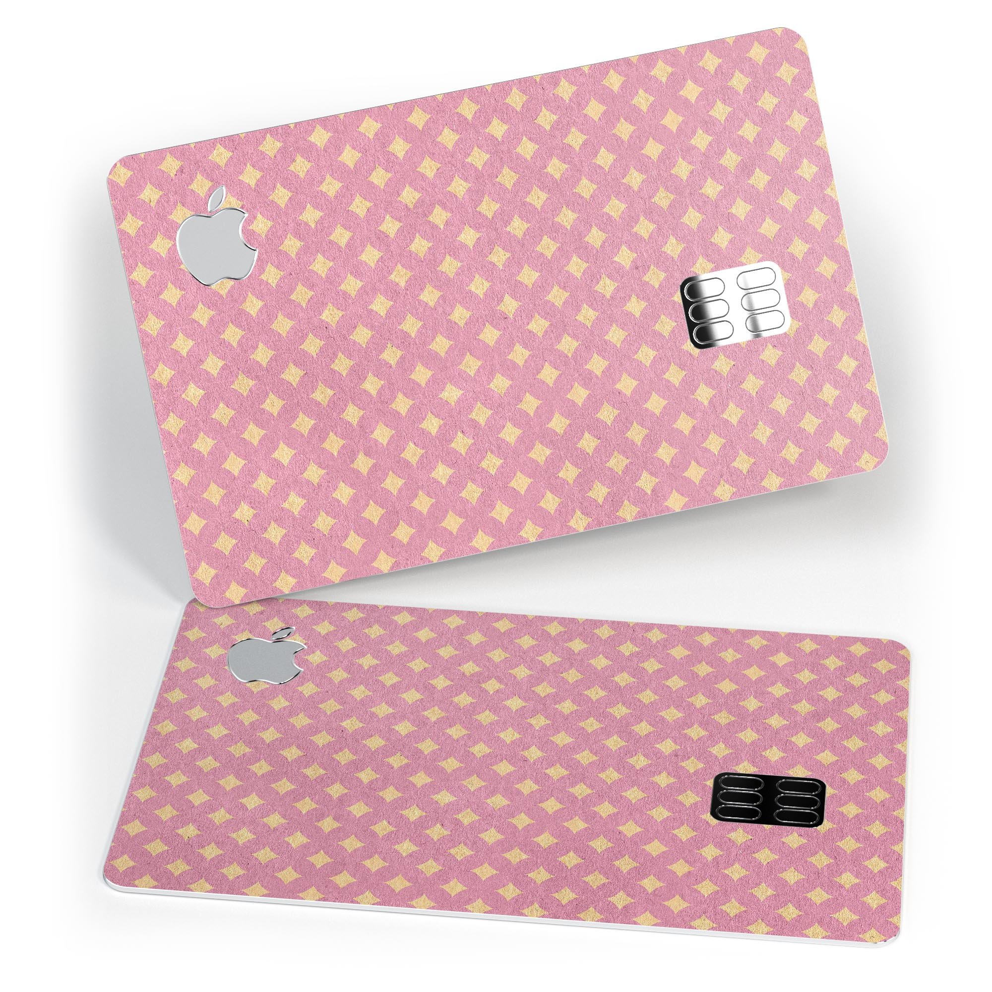 Micro Golden Diamonds skin kit for Apple Card, featuring a pink background and premium vinyl material for protection.