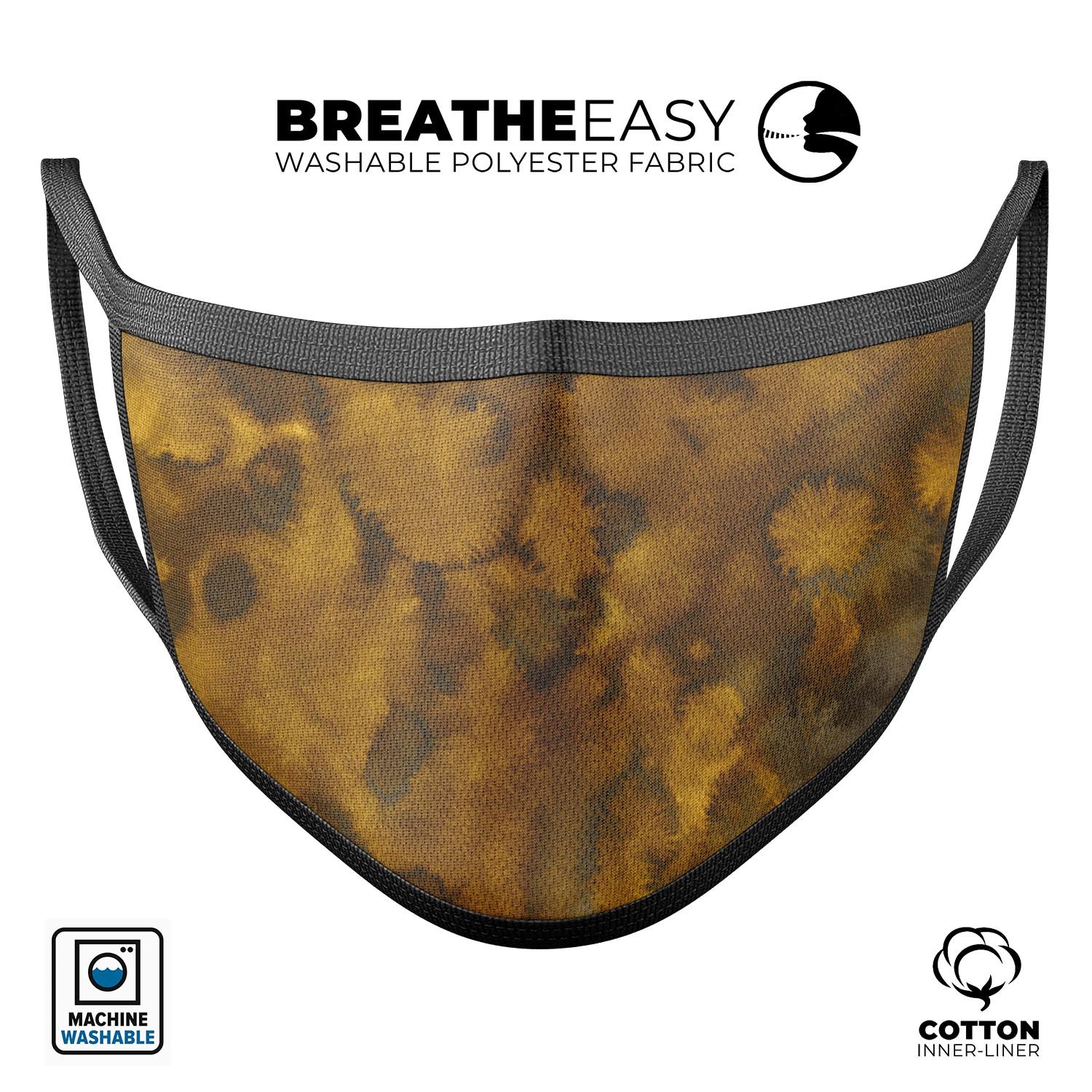 Micro Golden Fibers V1 mouth cover, a unisex anti-dust face mask made in the USA, featuring adjustable ear loops and a soft cotton interior.