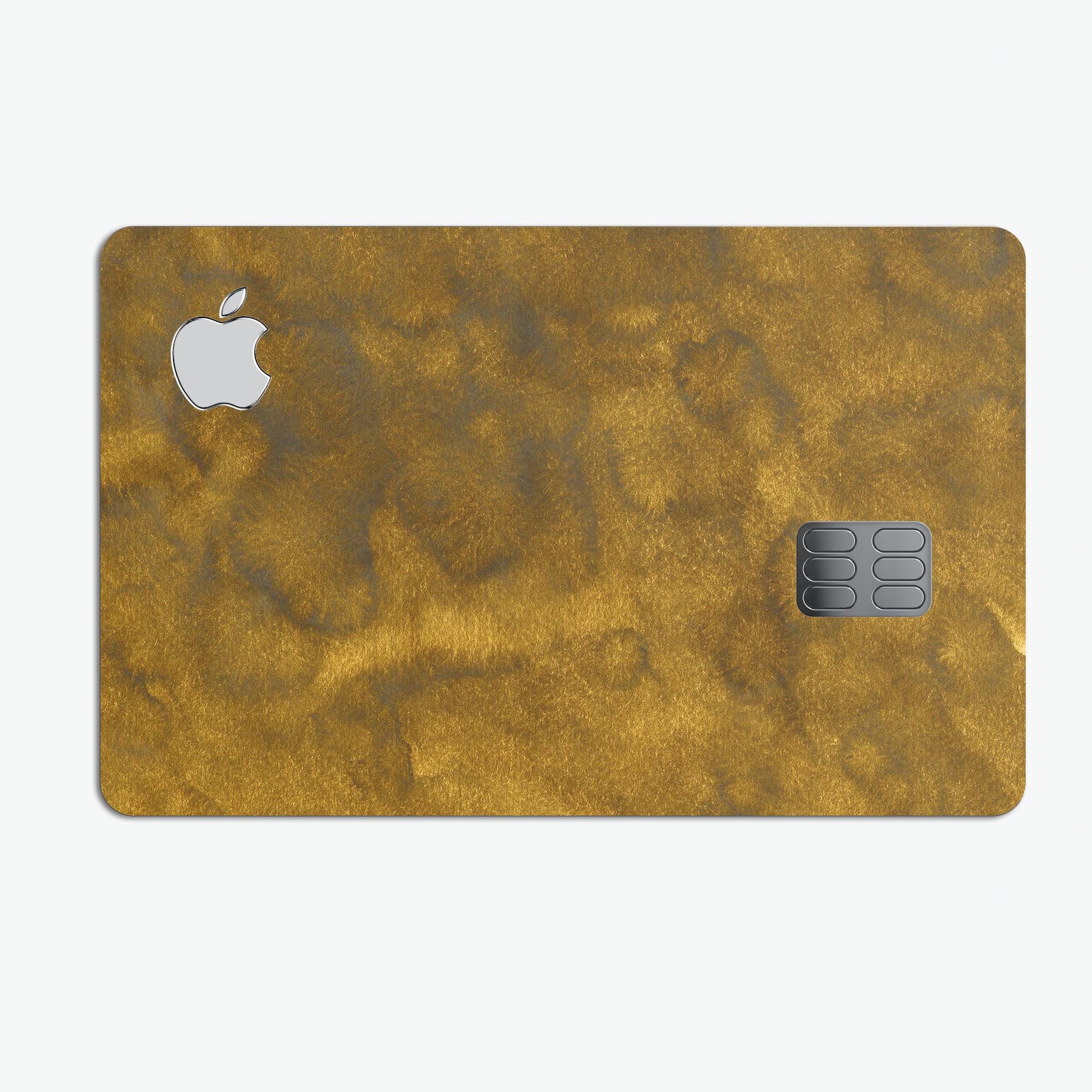 Micro Golden Watercolor Stains skin kit for Apple Card, showcasing vibrant colors and premium vinyl material.