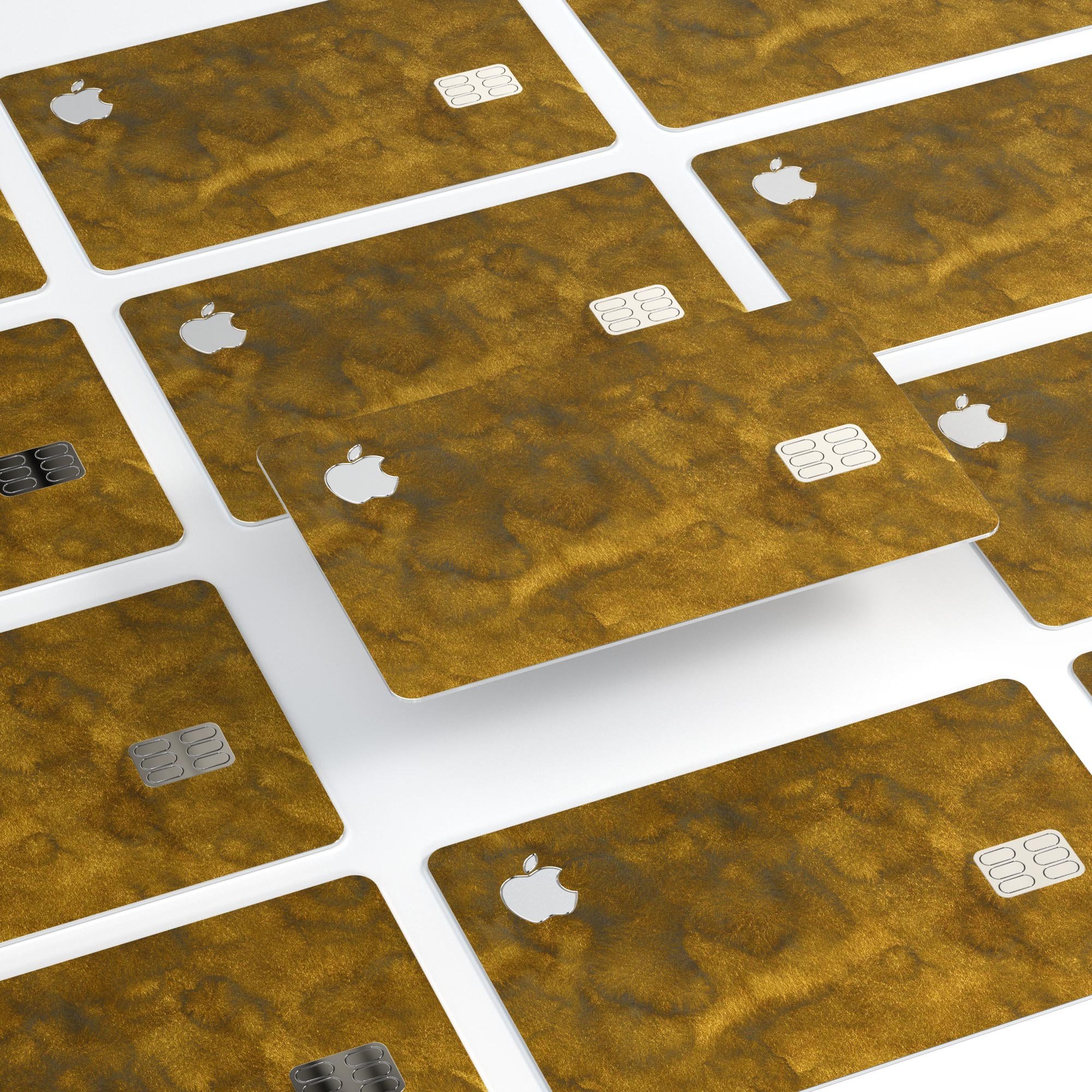 Micro Golden Watercolor Stains skin kit for Apple Card, showcasing vibrant colors and premium vinyl material.