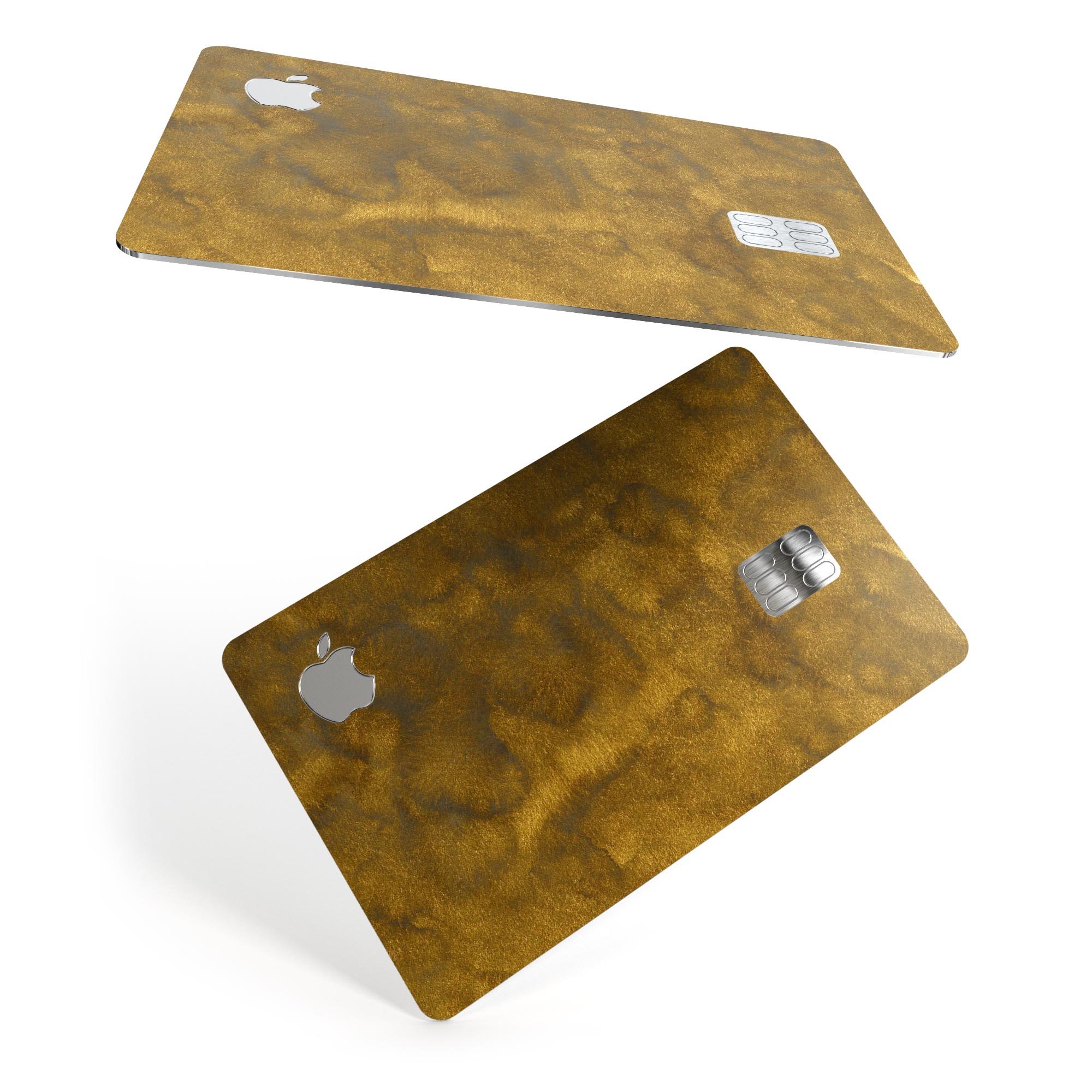 Micro Golden Watercolor Stains skin kit for Apple Card, showcasing vibrant colors and premium vinyl material.