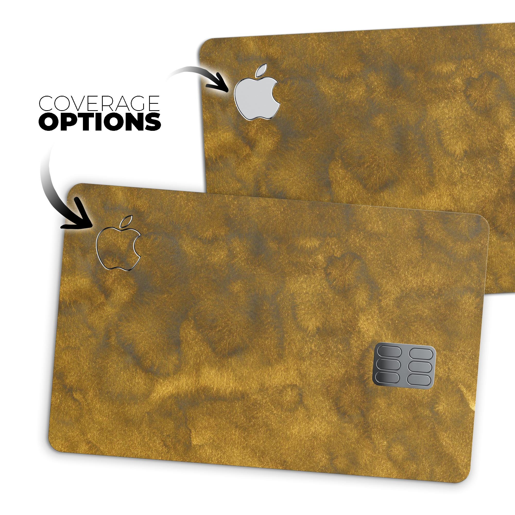 Micro Golden Watercolor Stains skin kit for Apple Card, showcasing vibrant colors and premium vinyl material.