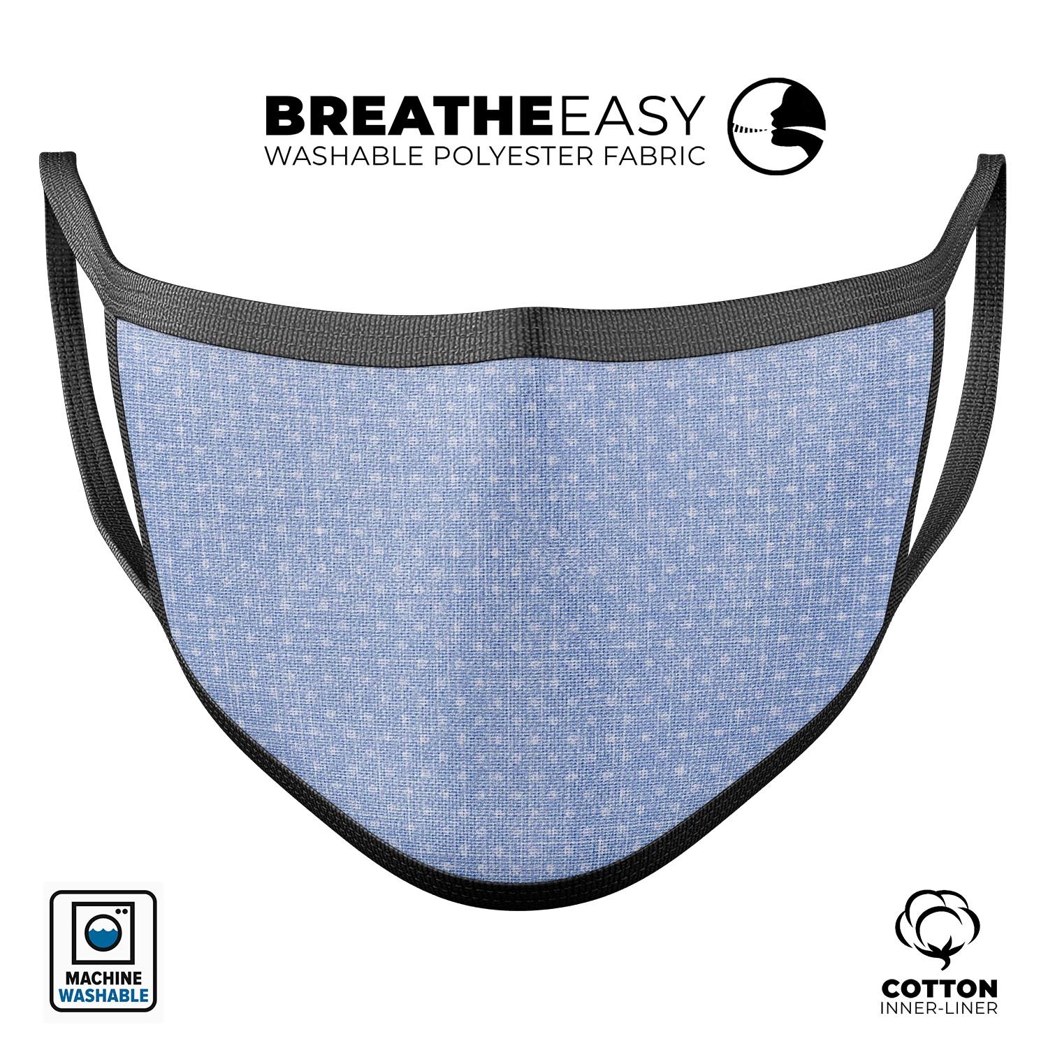 Micro Polka Dots Over Scratched Blue Fabric mouth cover, showcasing a stylish design with adjustable ear loops.