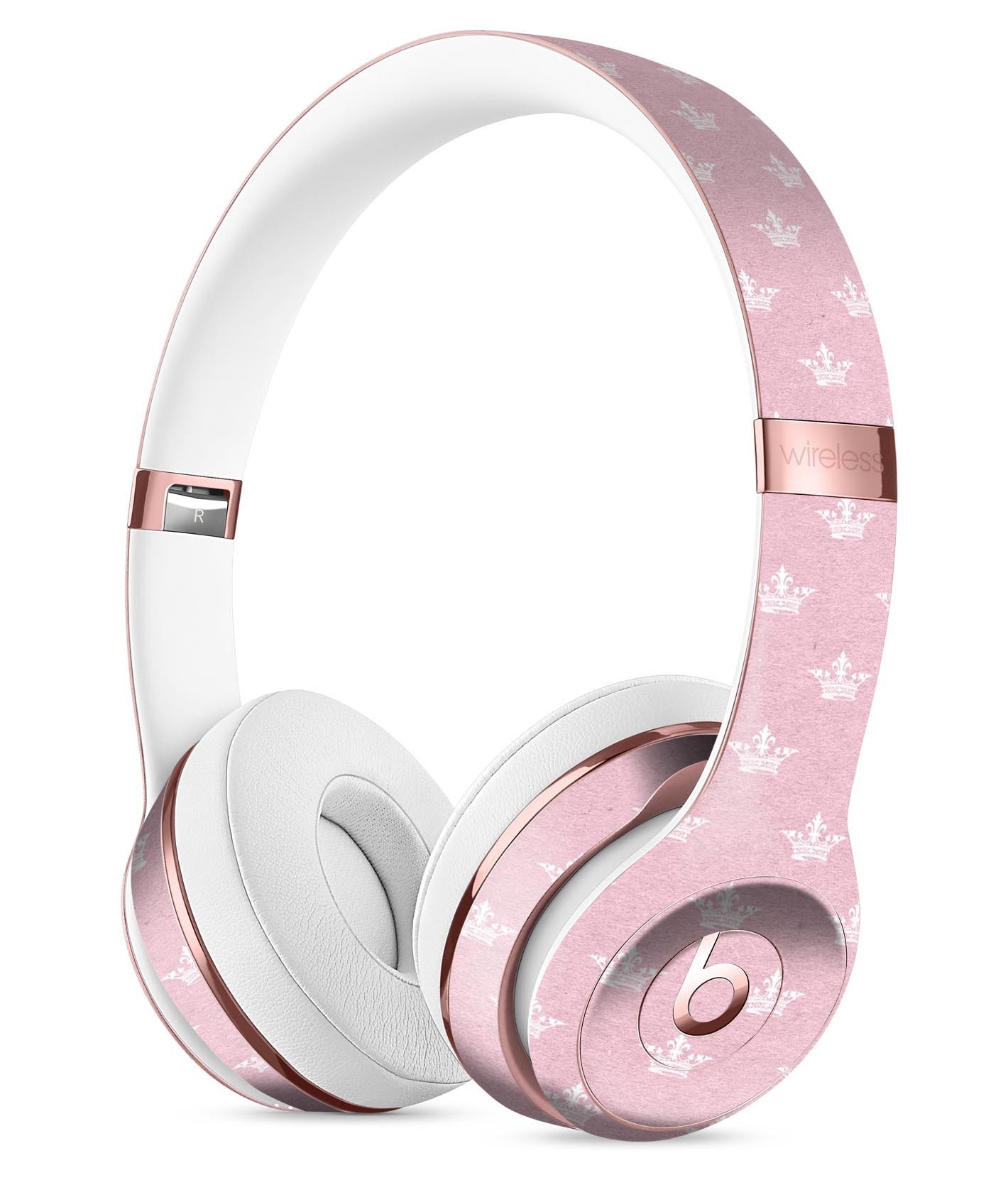 Micro White Crowns Over Pink Full-Body Skin Kit for Beats by Dre Solo 3 Wireless Headphones, showcasing a stylish design and premium vinyl material.