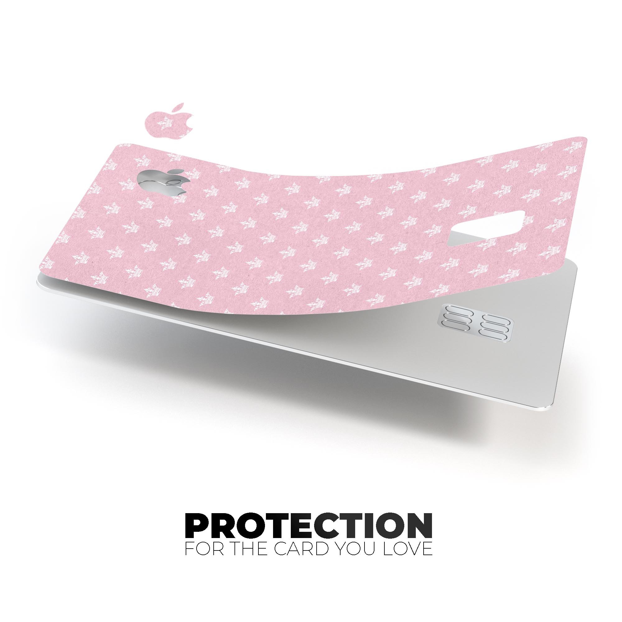 Micro White Crowns Over Pink decal skin-kit for Apple Card, showcasing premium vinyl design and protective features.