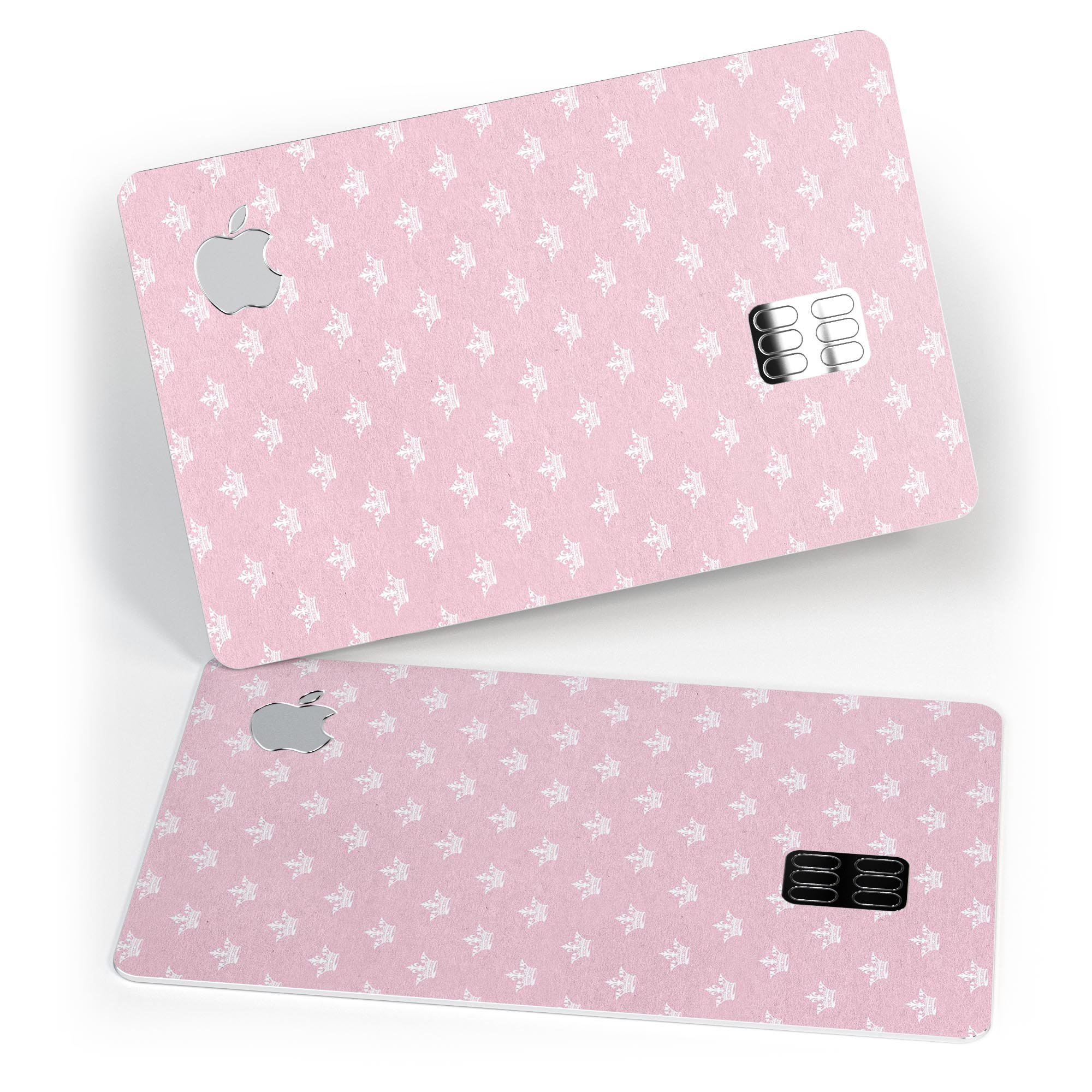 Micro White Crowns Over Pink decal skin-kit for Apple Card, showcasing premium vinyl design and protective features.