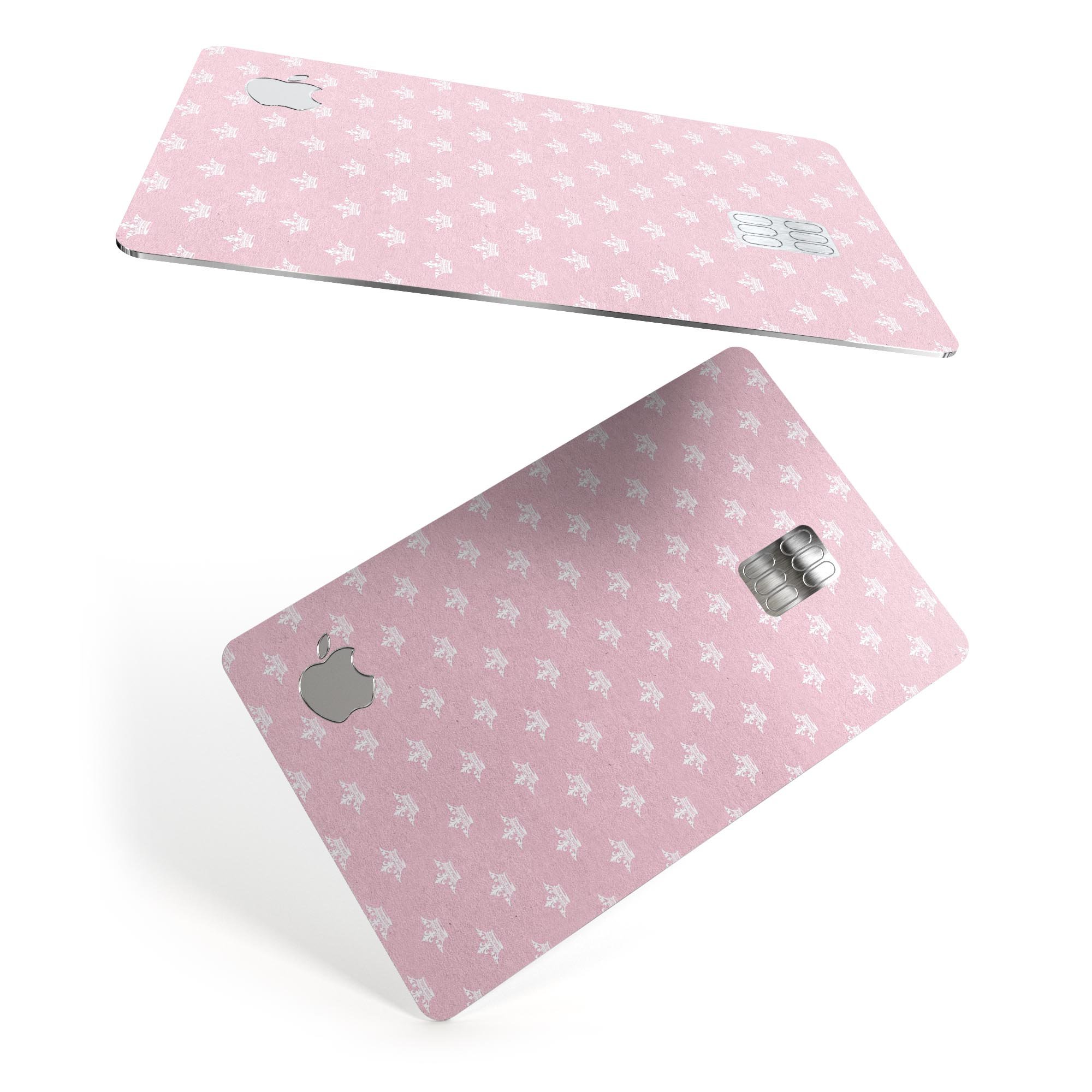 Micro White Crowns Over Pink decal skin-kit for Apple Card, showcasing premium vinyl design and protective features.