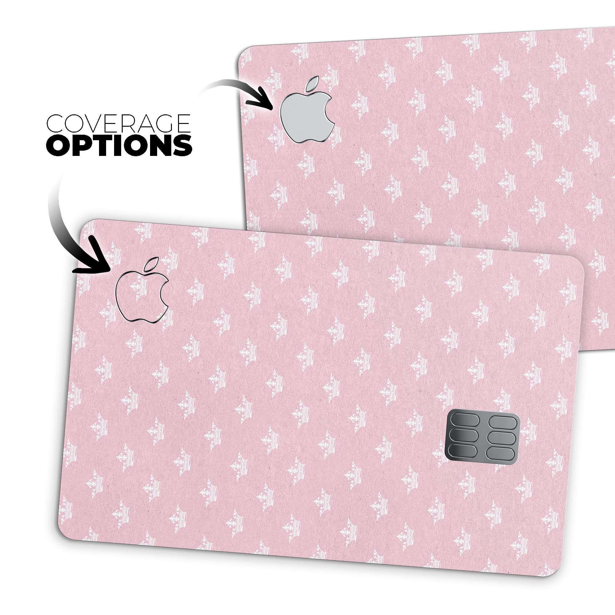 Micro White Crowns Over Pink decal skin-kit for Apple Card, showcasing premium vinyl design and protective features.