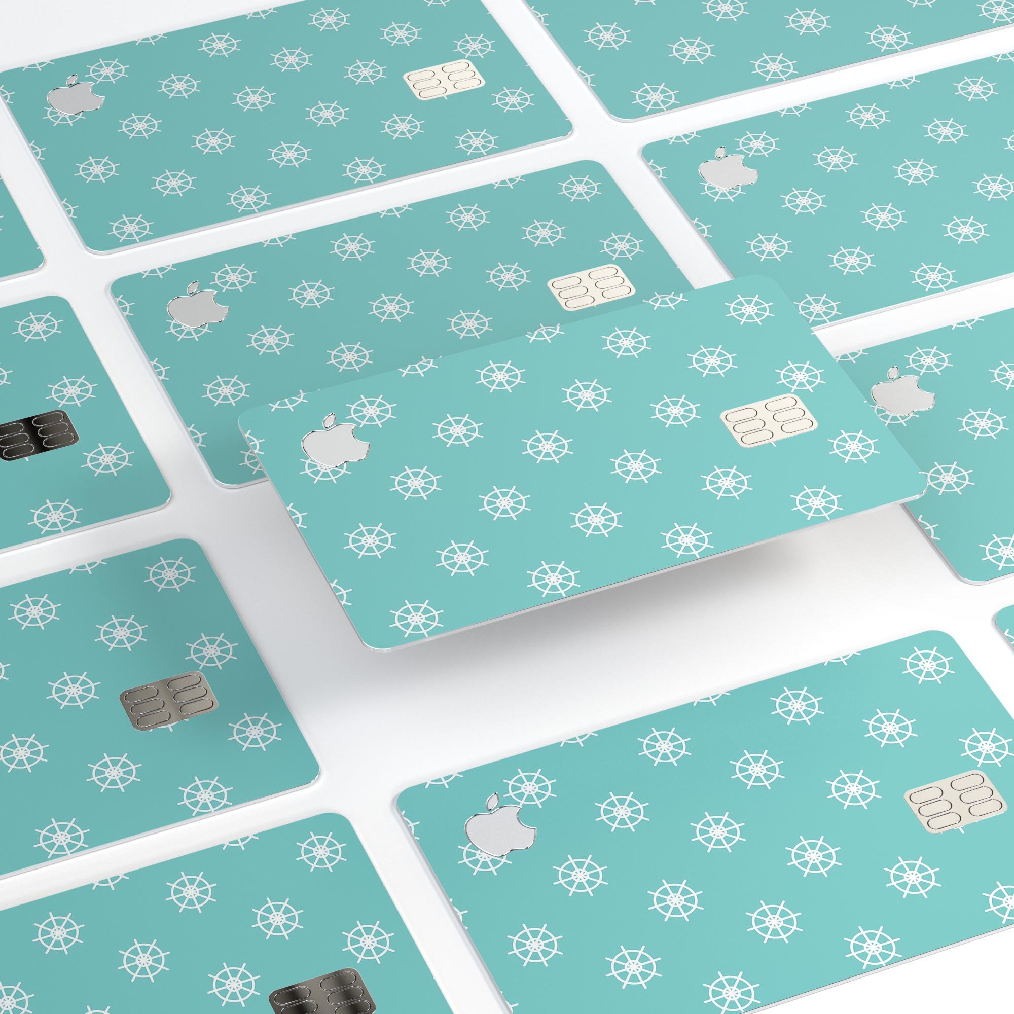 Micro White Ship Wheels Over Teal decal skin for Apple Card, showcasing premium design and protective features.