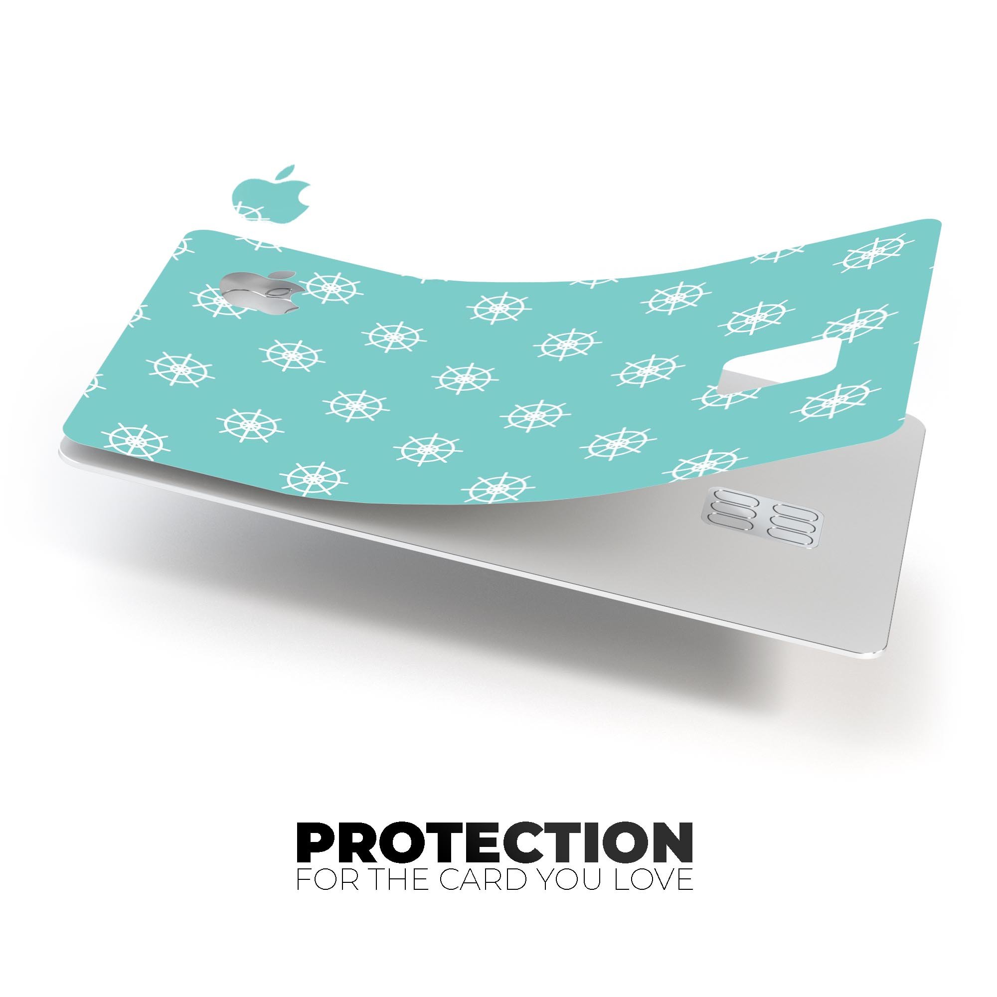 Micro White Ship Wheels Over Teal decal skin for Apple Card, showcasing premium design and protective features.