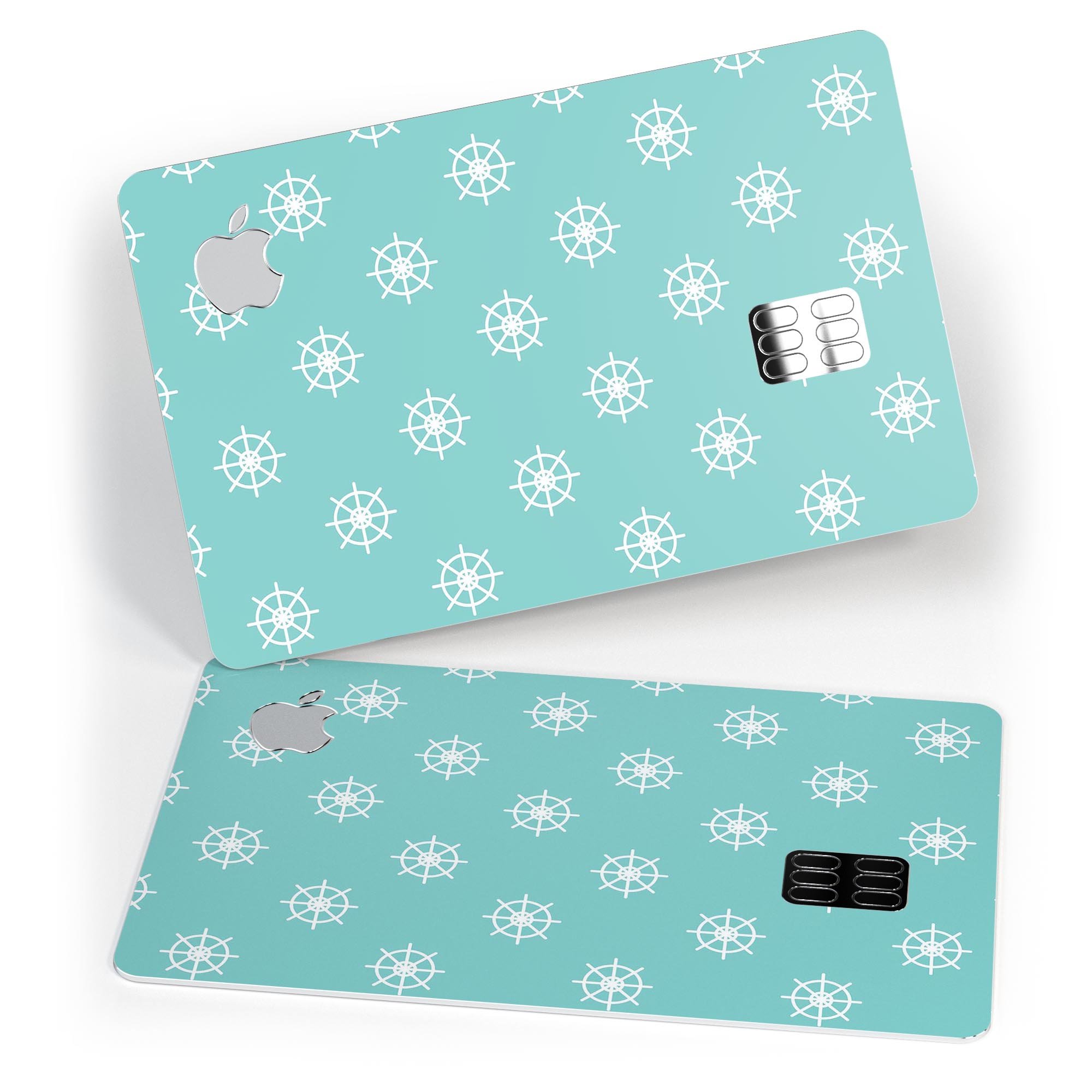 Micro White Ship Wheels Over Teal decal skin for Apple Card, showcasing premium design and protective features.