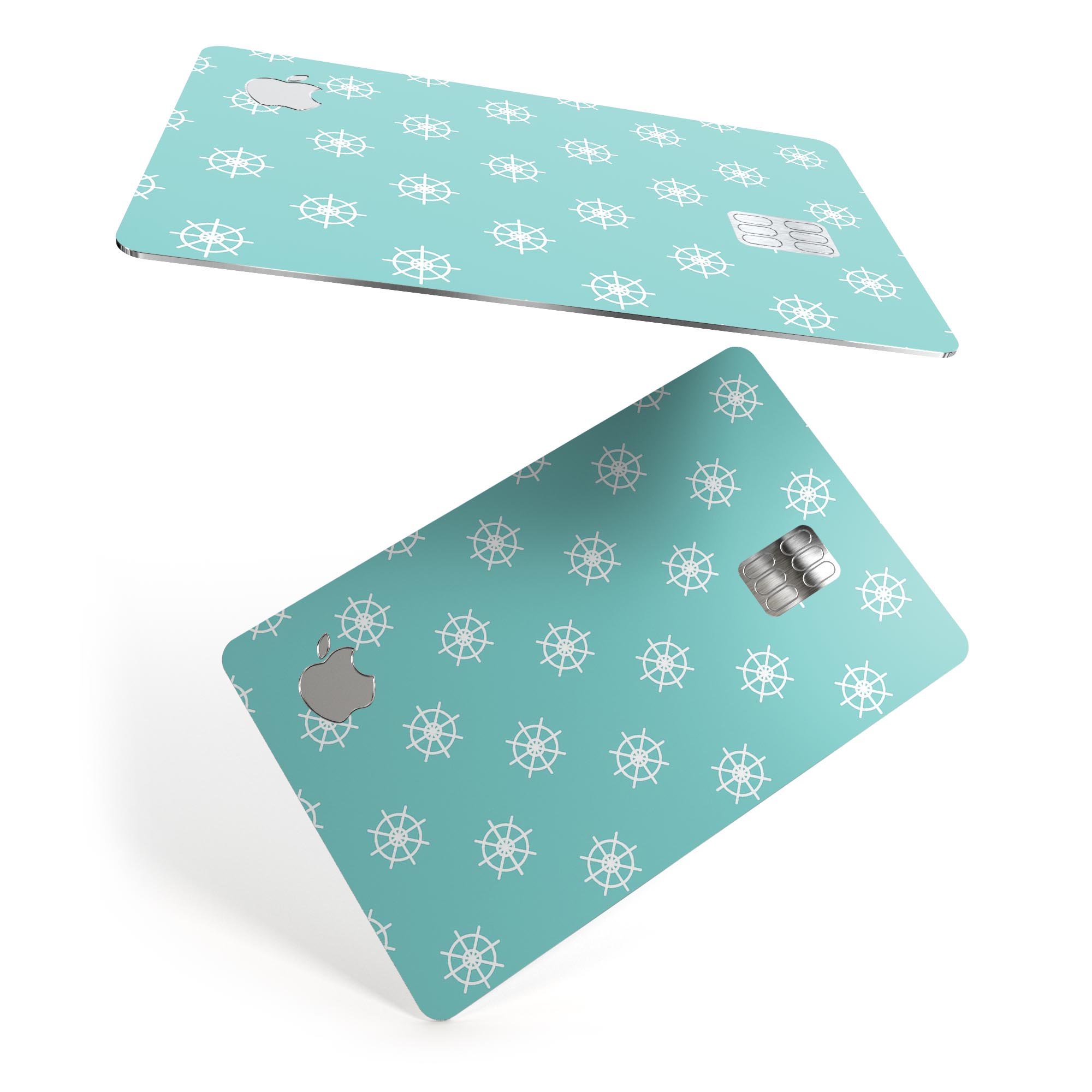 Micro White Ship Wheels Over Teal decal skin for Apple Card, showcasing premium design and protective features.