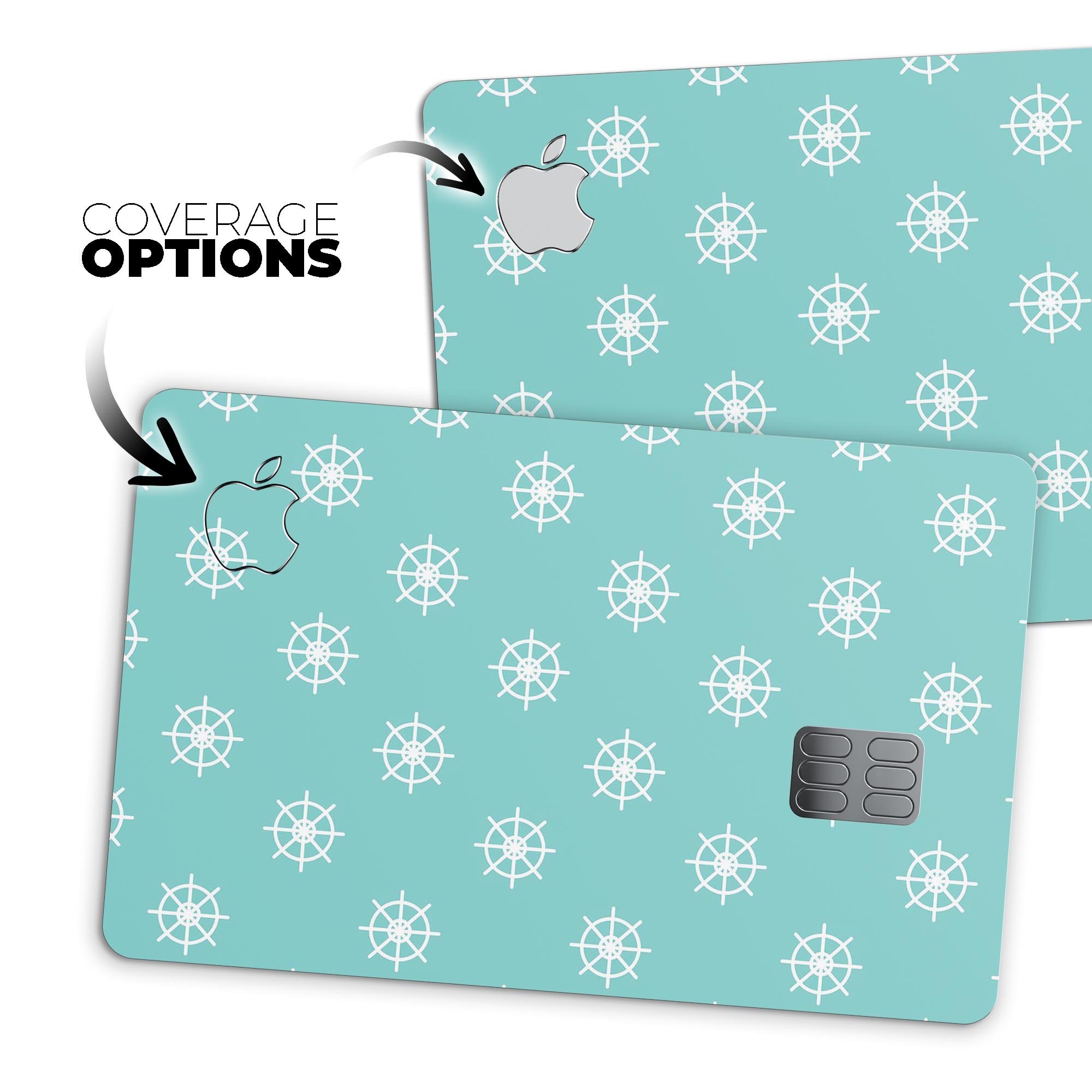 Micro White Ship Wheels Over Teal decal skin for Apple Card, showcasing premium design and protective features.