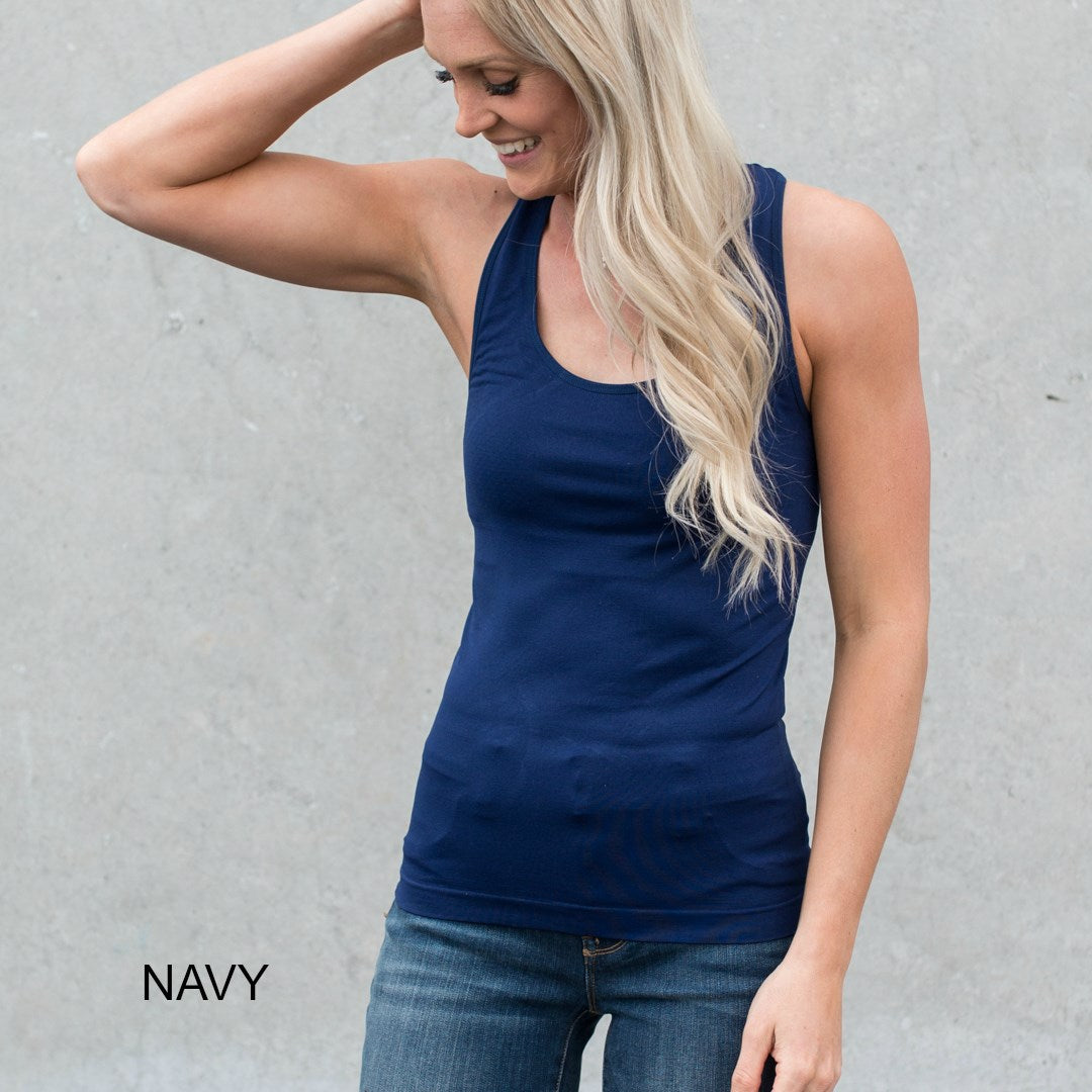 Mid-Length Racerback Tank in ribbed fabric, showcasing scoop neckline and racerback design, available in various colors.