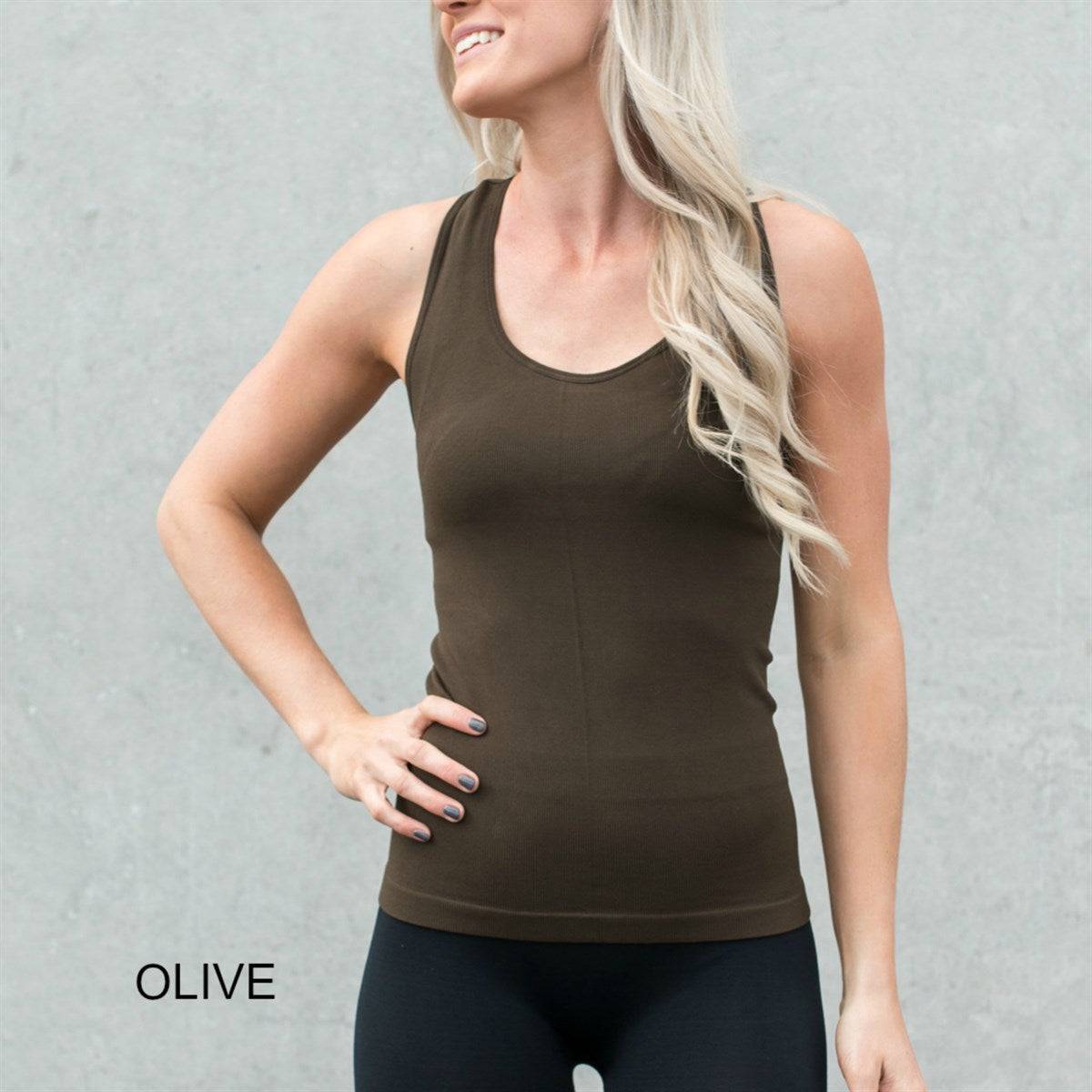 Mid-Length Racerback Tank in ribbed fabric, showcasing scoop neckline and racerback design, available in various colors.