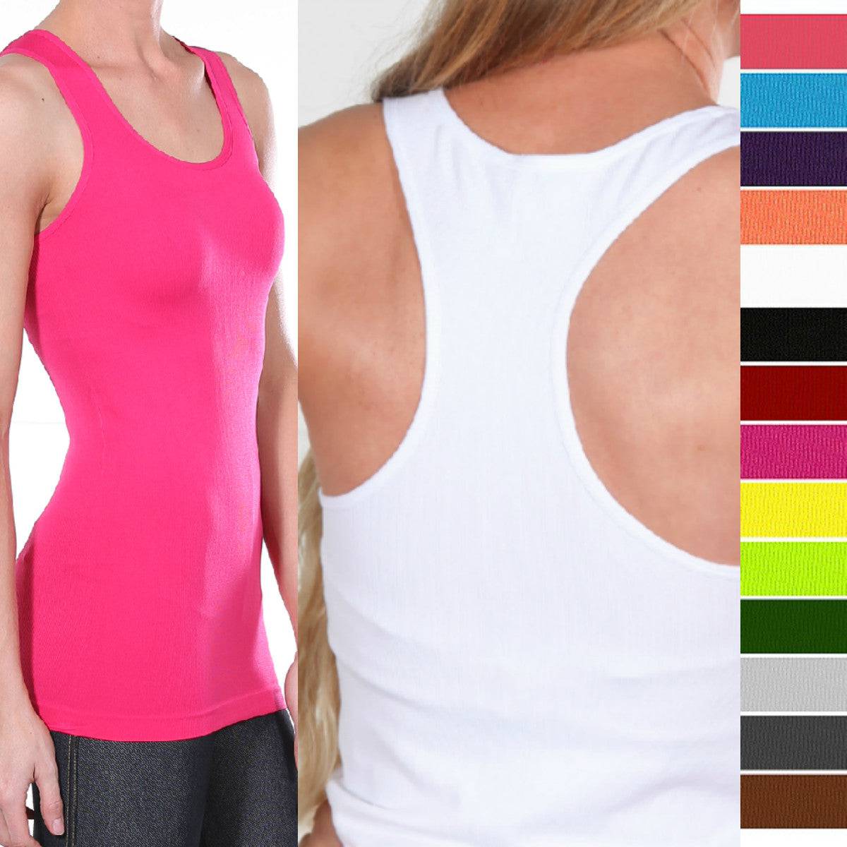 Mid-Length Racerback Tank in ribbed fabric, showcasing scoop neckline and racerback design, available in various colors.