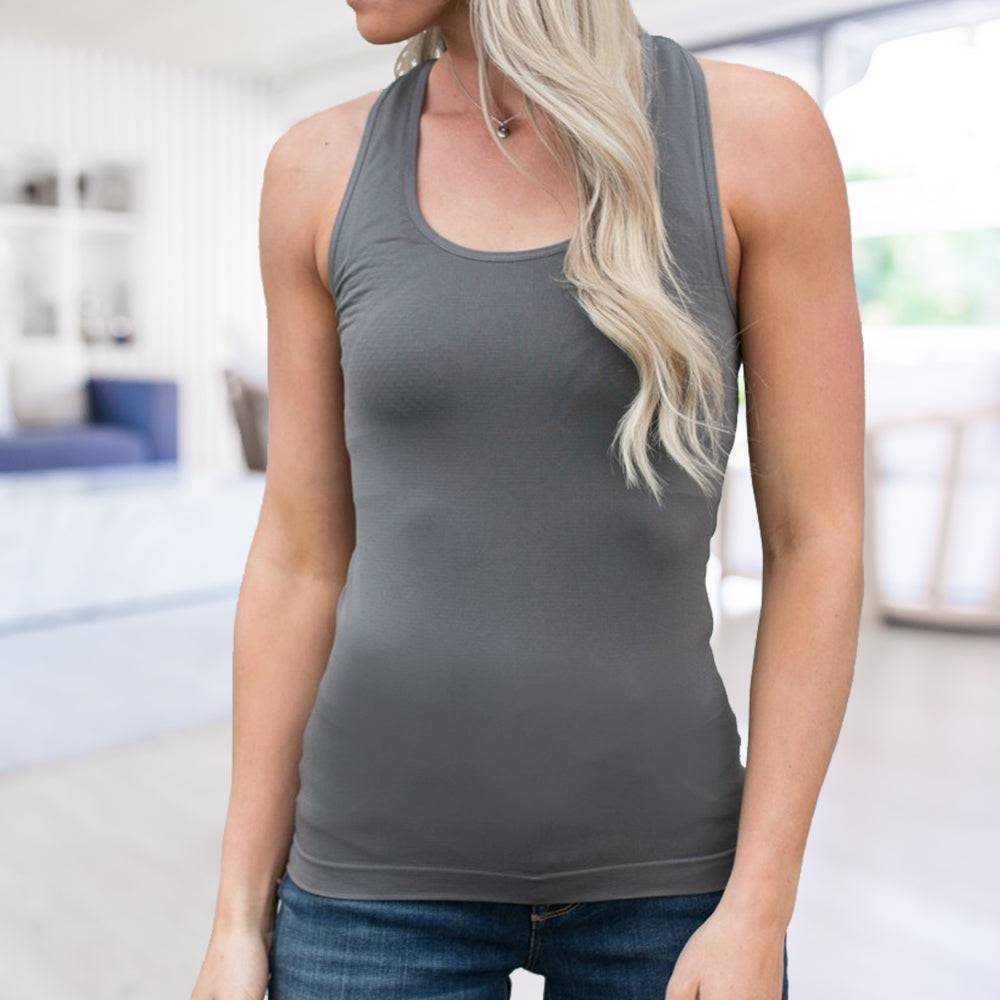 Mid-Length Racerback Tank in ribbed fabric, showcasing scoop neckline and racerback design, available in various colors.