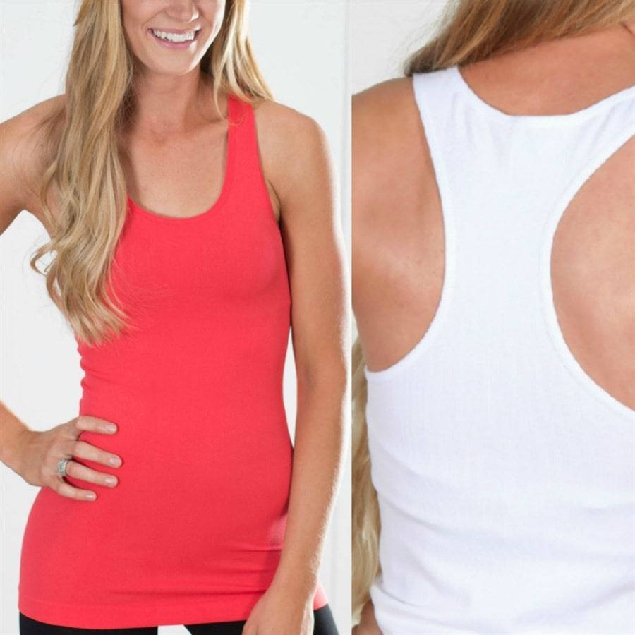 Mid-Length Racerback Tank in various colors, showcasing scoop neckline and racerback design, ideal for layering and workouts.